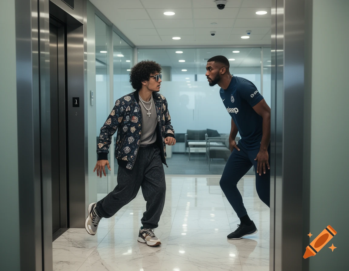 Photorealistic scene of a stylish young man in a patterned jacket encountering a tall man in a blue athletic outfit in an office corridor.