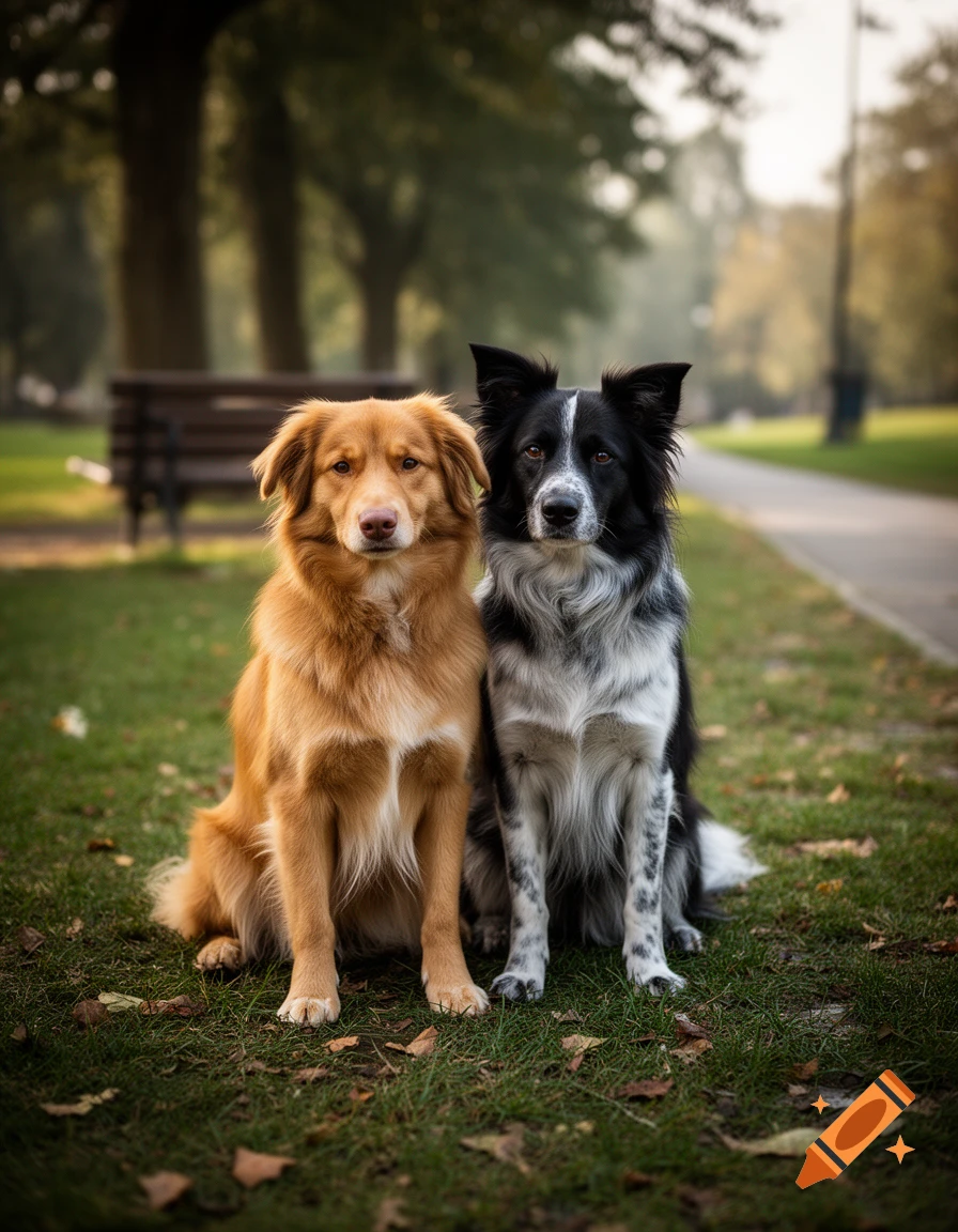 Photorealistic image of a golden retriever and a black and white border collie sitting together in a park.