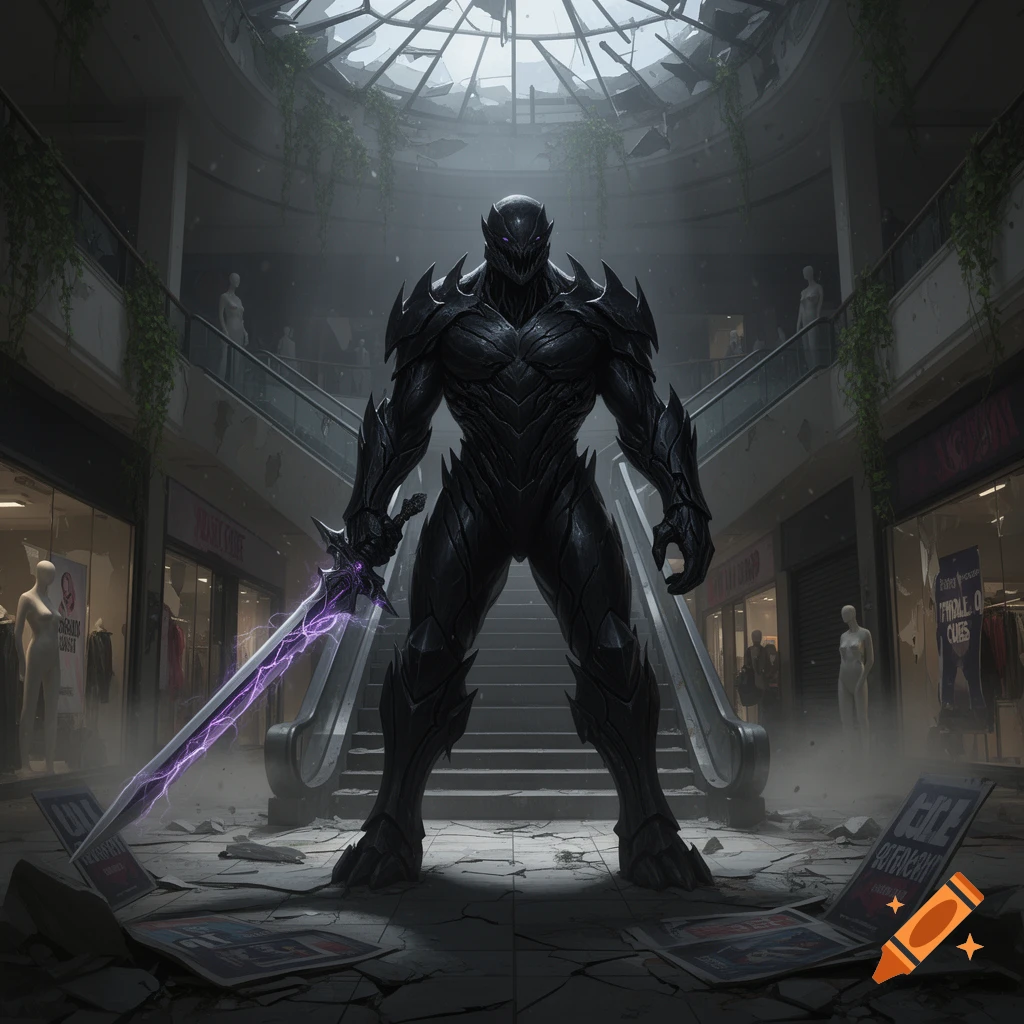A muscular black armor-clad warrior holding a glowing purple sword in an abandoned shopping mall.
