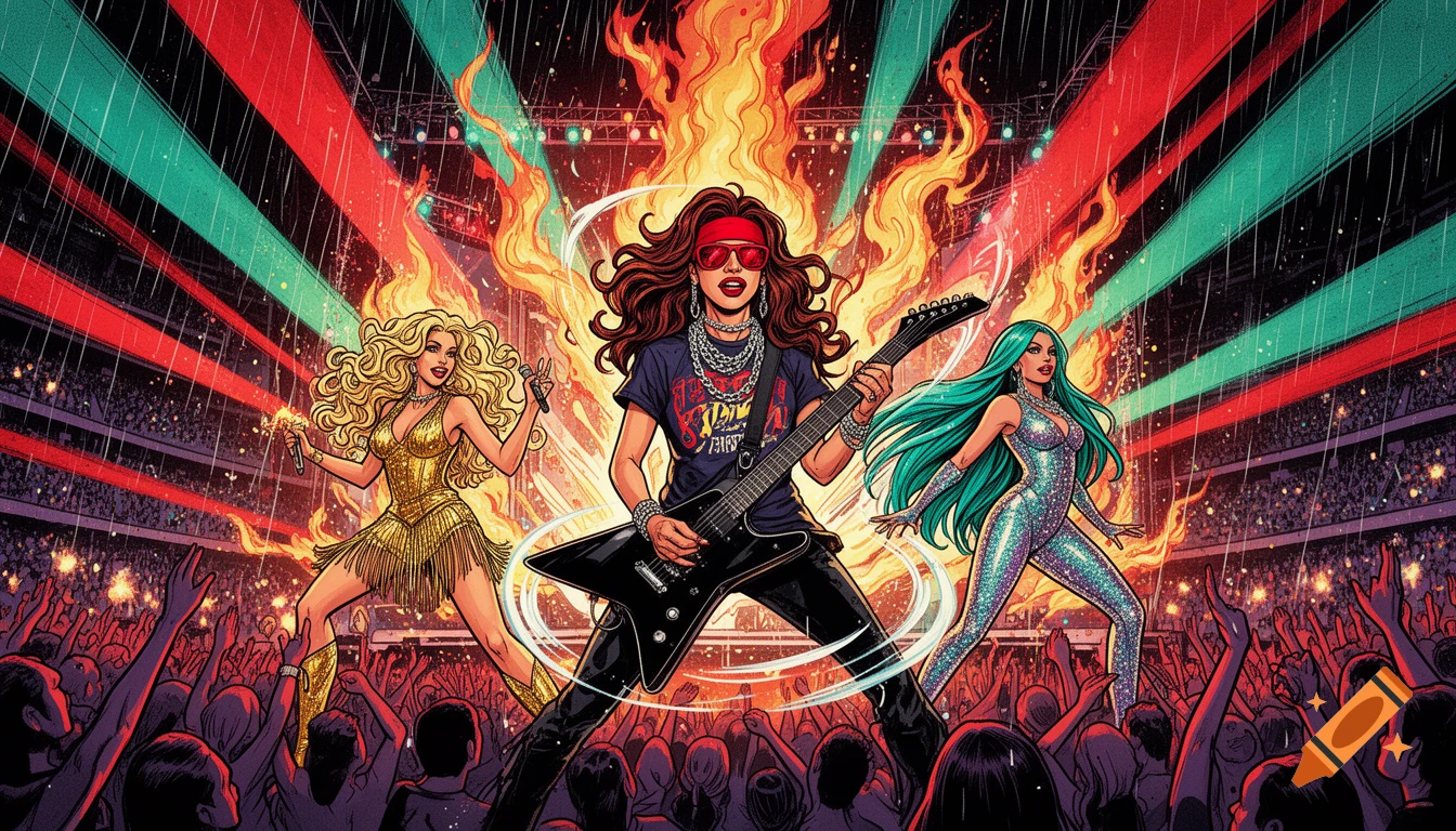 Comic book style illustration of a female rock trio performing on a massive stage with pyrotechnic flames and a roaring crowd.