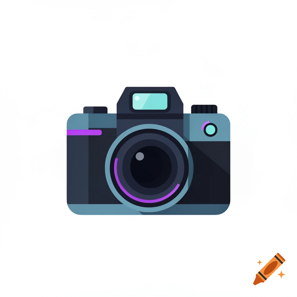 Flat vector style physical camera icon with blue and dark grey tones on a white background