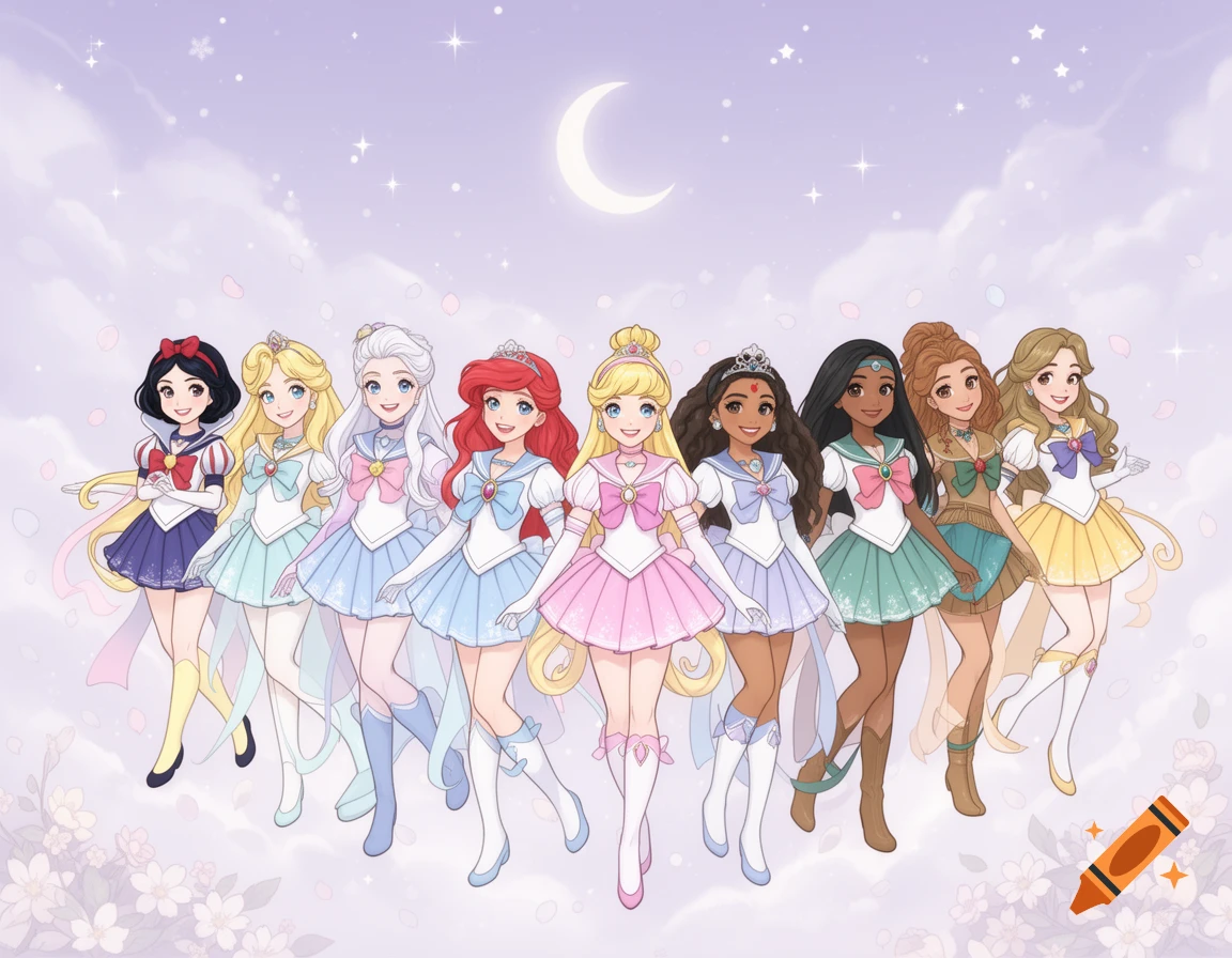 Disney princesses depicted as cute anime Sailor Guardians floating against a soft purple sky with a crescent moon.