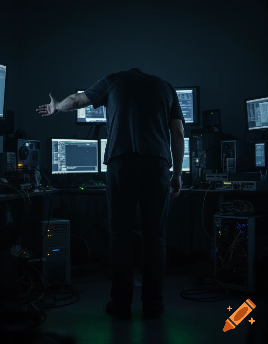 Photorealistic back view of a person standing in a dark room surrounded by computer screens with outstretched hand.