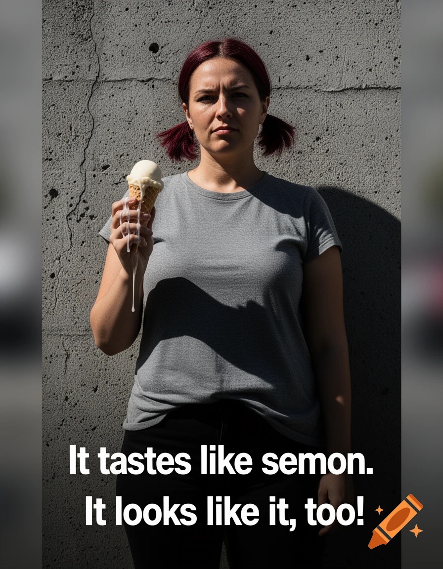 A young woman holding a melting ice cream cone against a concrete wall, with text overlay at the bottom.