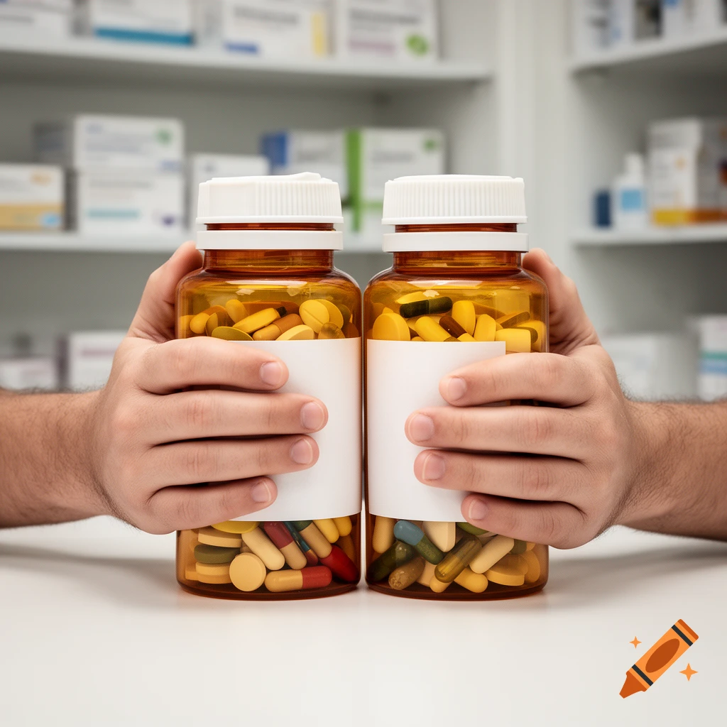 Photorealistic image of two amber pill bottles with white caps and blank labels embracing each other with human arms in a pharmacy.