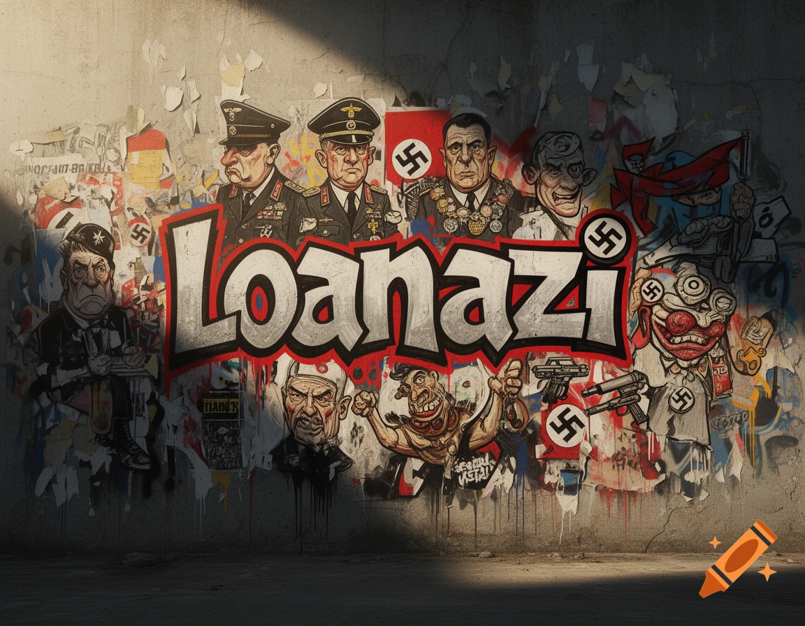 Satirical street art graffiti mural on a concrete wall featuring caricatures and the word Loanazi.