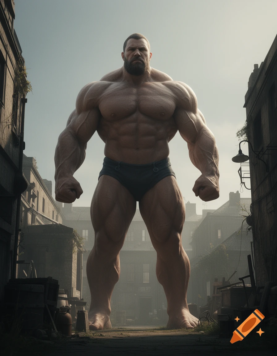 A colossal, muscular bearded man in dark underwear standing in a narrow alleyway between old buildings, photorealistic.