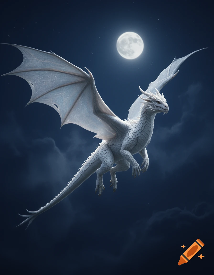 A white dragon with large wings flies against a dark night sky with a full moon.