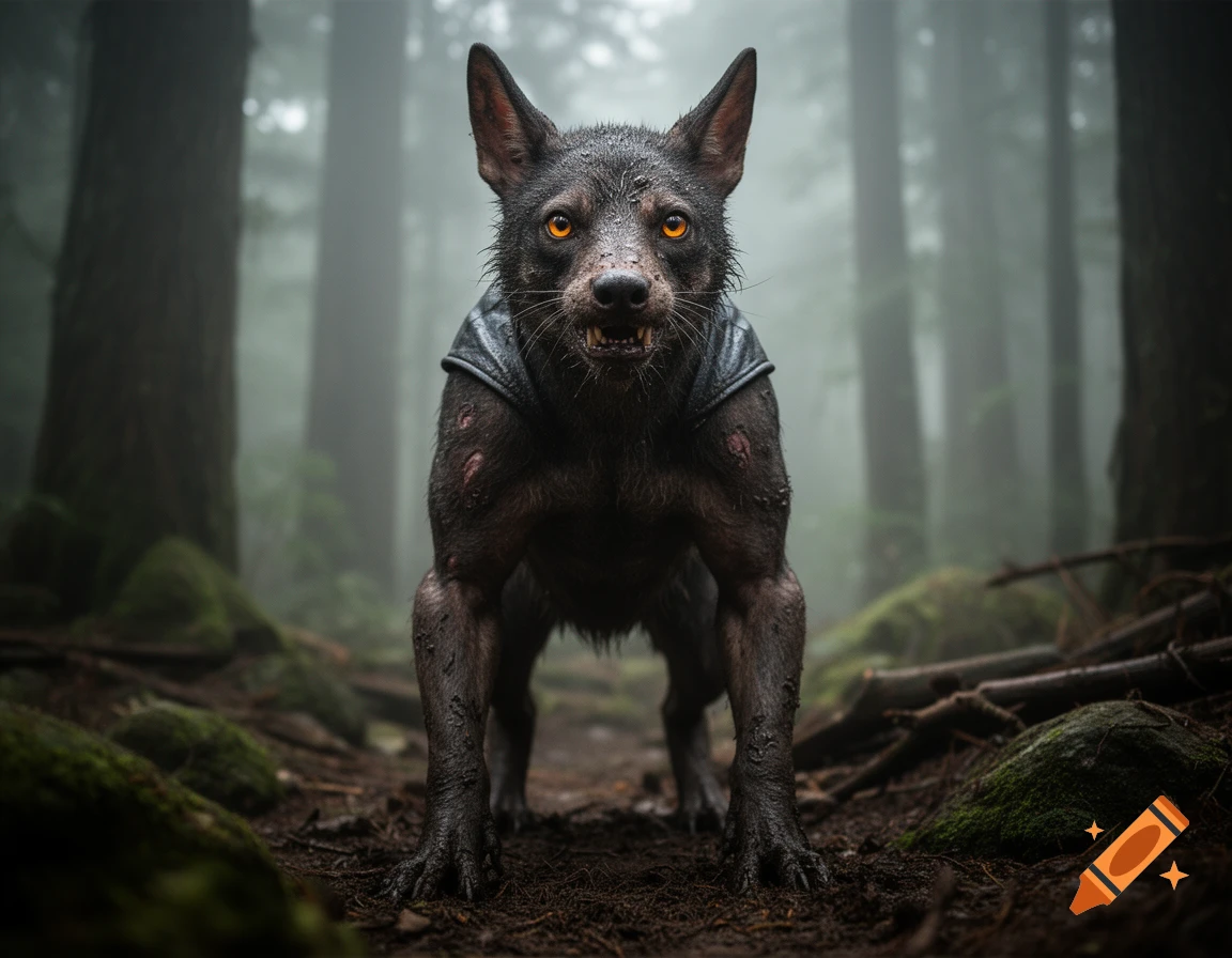 Photorealistic depiction of a menacing werewolf-like creature with glowing orange eyes standing in a foggy forest.