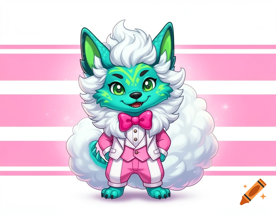 Stylized cartoon creature with turquoise skin, fluffy white mane, and pink formal wear against a pink and white striped background.