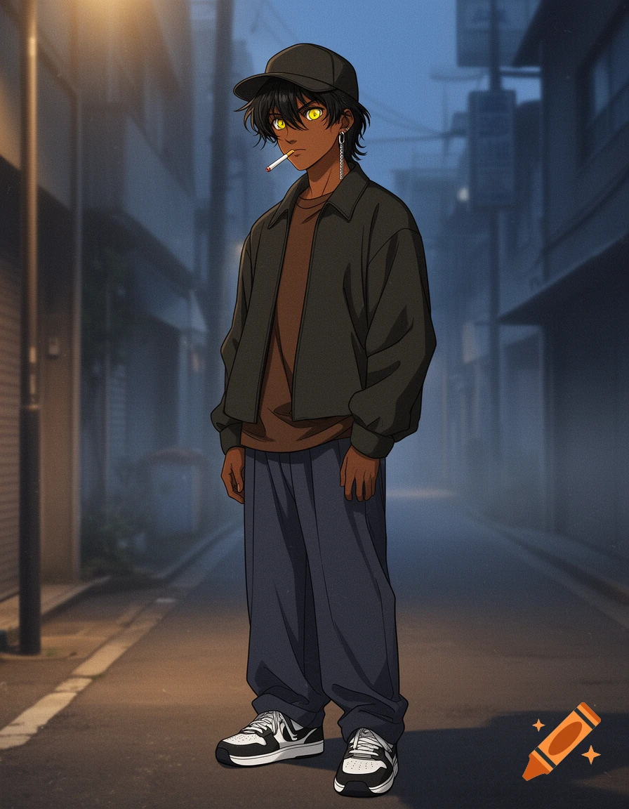 Anime style illustration of a young man with dark skin, yellow eyes, and a cigarette, standing in a narrow alleyway.