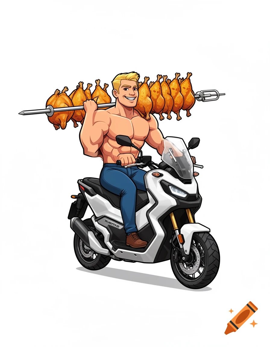 Digital illustration of a muscular blonde man riding a white scooter while carrying a skewer of roasted chickens.
