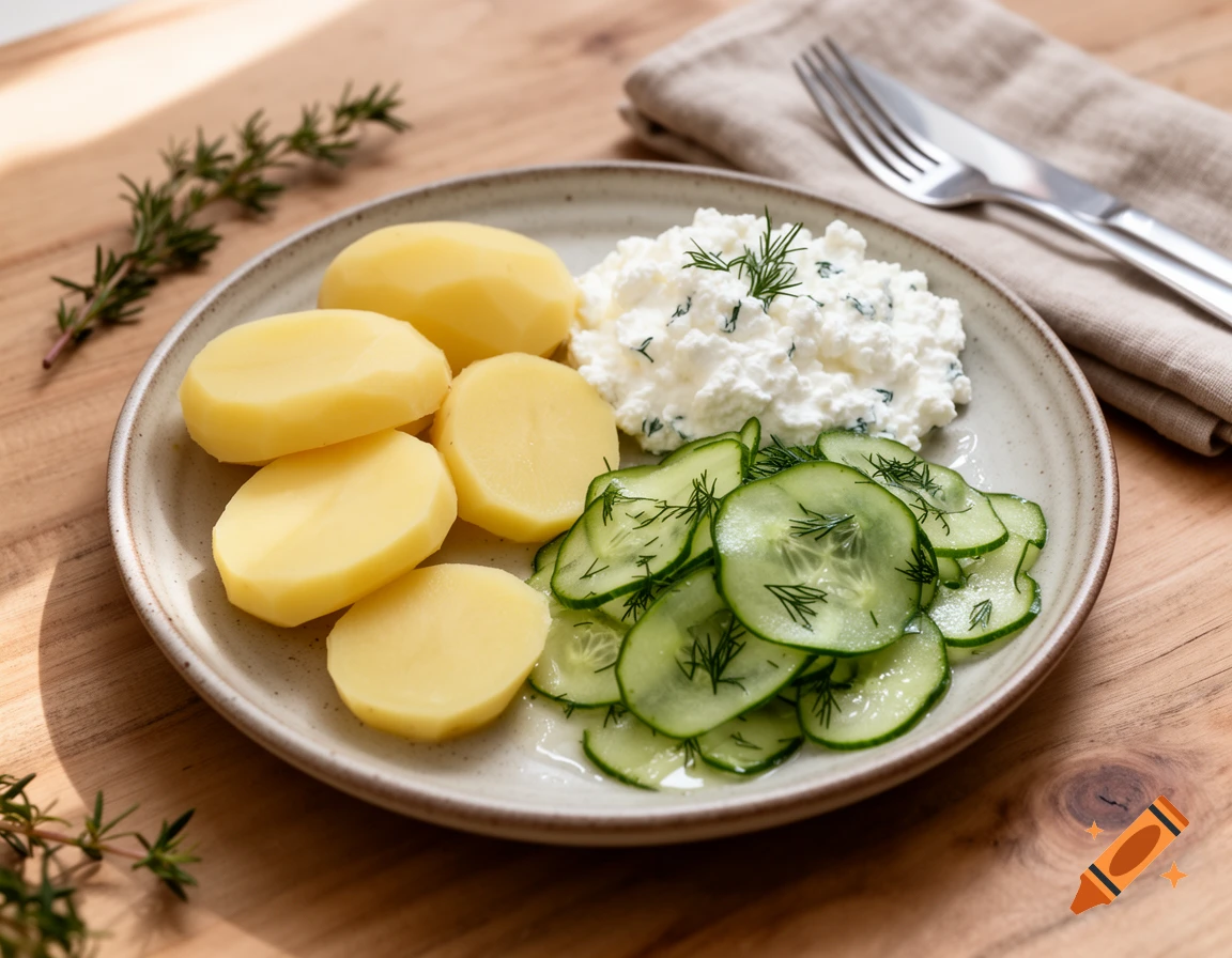 A plate of boiled potatoes, cottage cheese with dill, and a sliced cucumber salad with fresh dill on a wooden table.