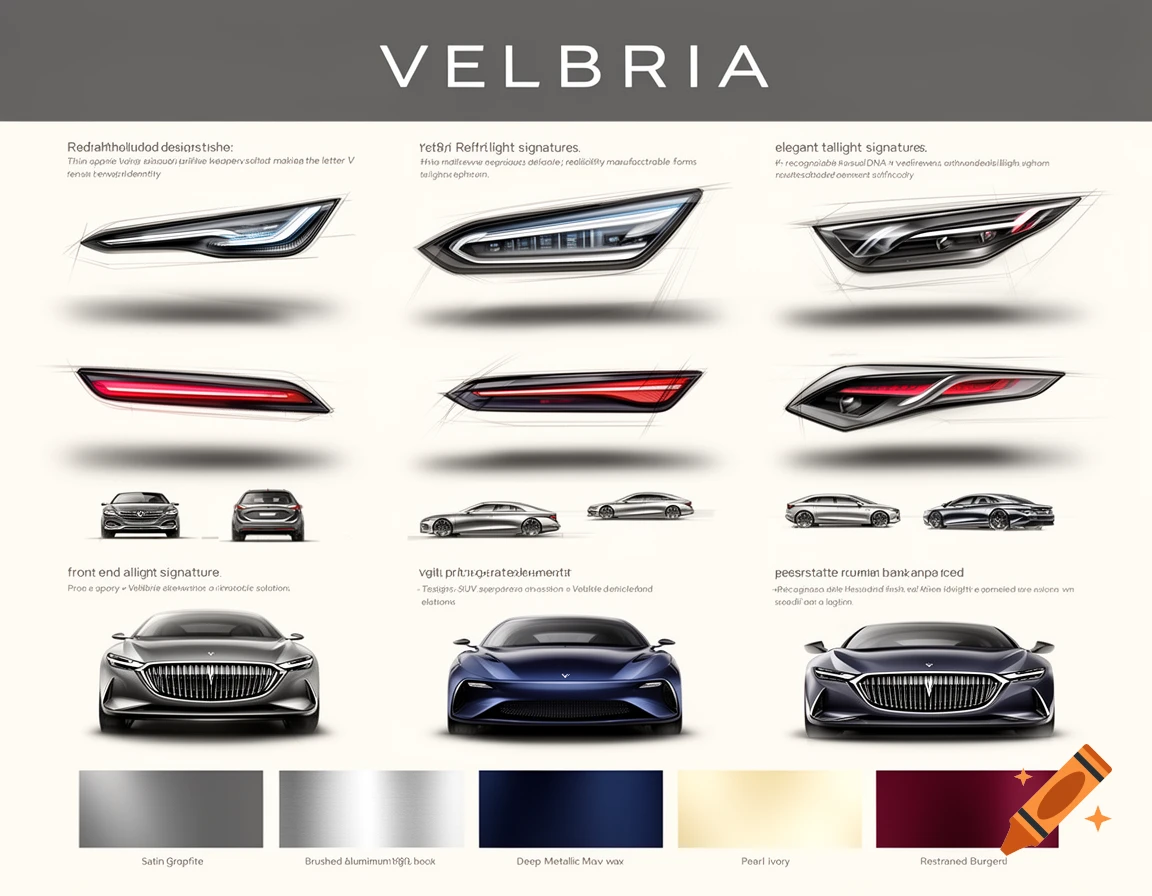 Professional automotive design presentation board showing headlight and taillight sketches and car models under the brand name VELBRIA.