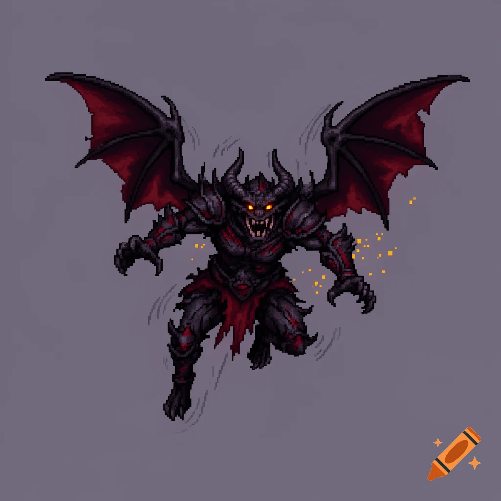 16-bit pixel art of a winged bat demon in a dynamic combat pose against a grey background.