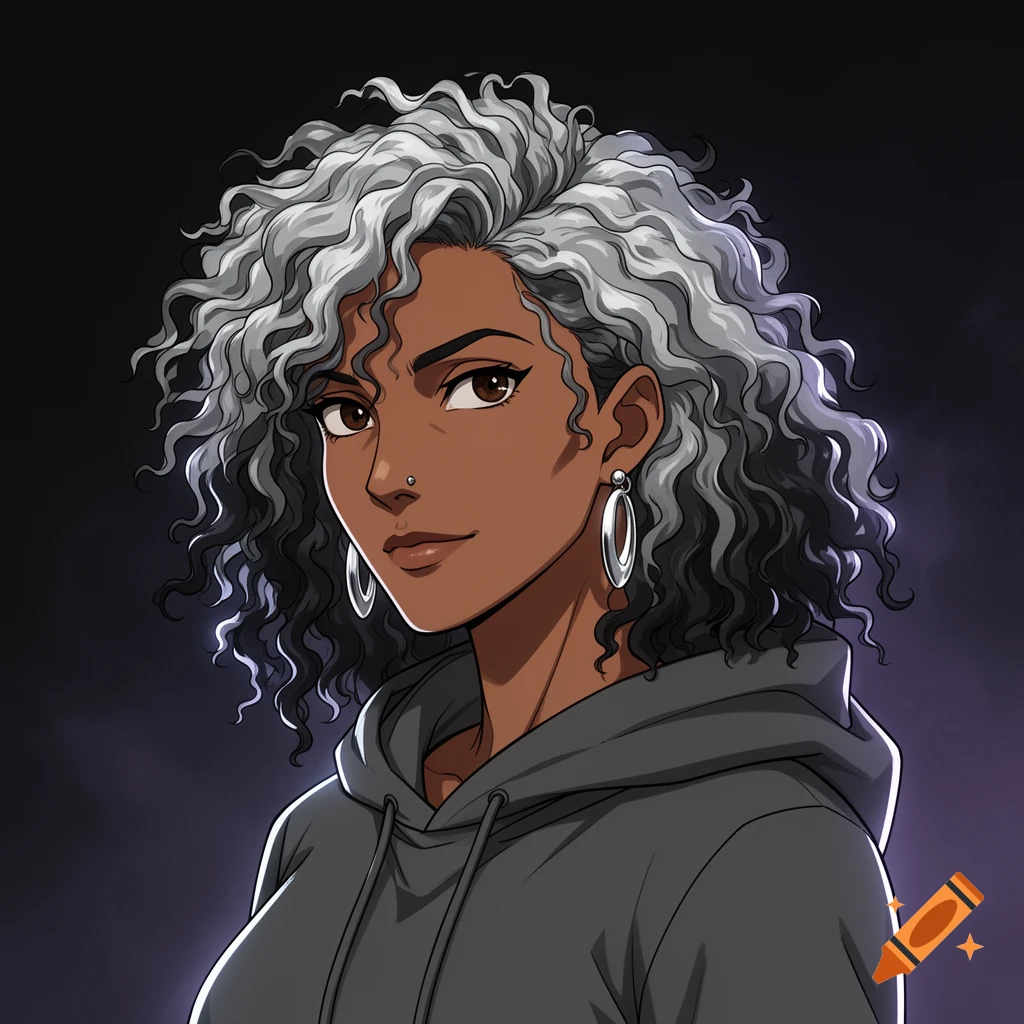 Anime style portrait of a mature woman with curly silver-grey and black hair, brown skin, and a grey hoodie.