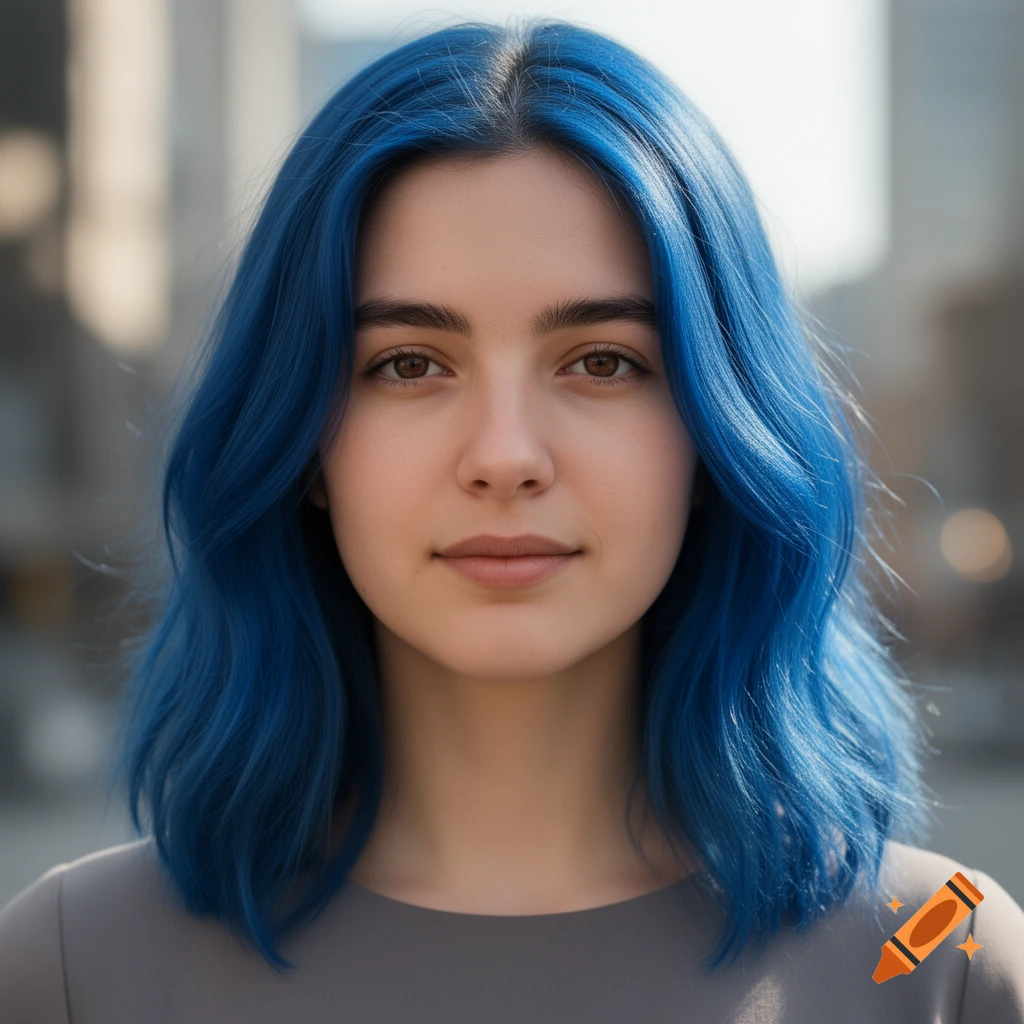 Photorealistic portrait of a young woman with vibrant blue shoulder-length hair and brown eyes, wearing a grey top.