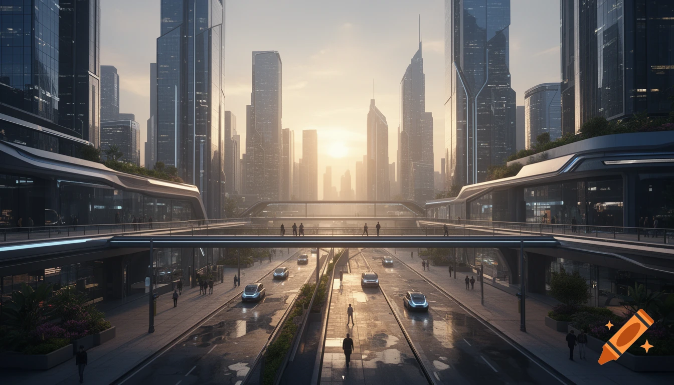 Photorealistic futuristic cityscape at sunrise with tall glass skyscrapers, elevated walkways, and autonomous cars on a wet street.