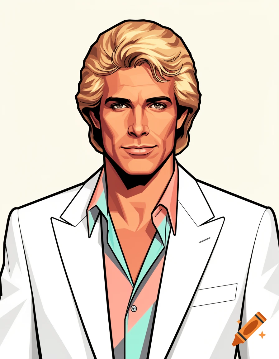 Digital illustration of a man with blonde hair in an 80s style white blazer and pastel shirt, Patrick Nagel art style.