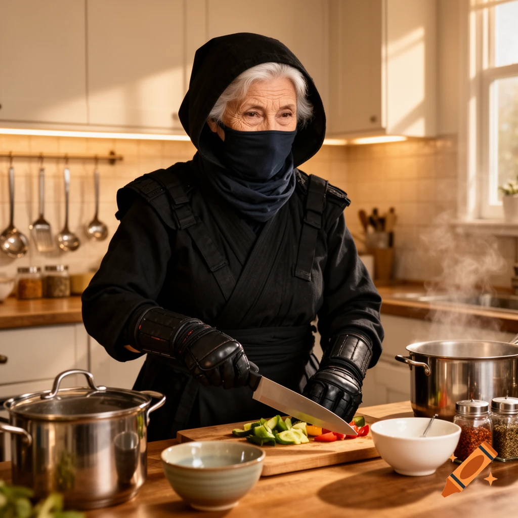 An elderly woman dressed in a black ninja outfit and face mask is chopping vegetables on a wooden cutting board in a brightly lit kitchen.