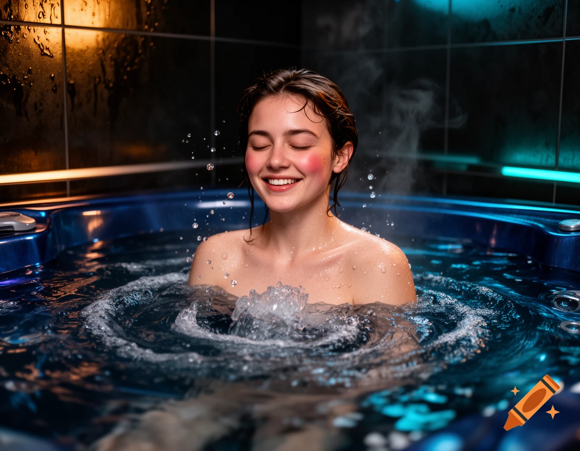 Photorealistic image of a smiling person with wet hair relaxing in a bubbling cobalt blue hot tub inside a dark spa room.