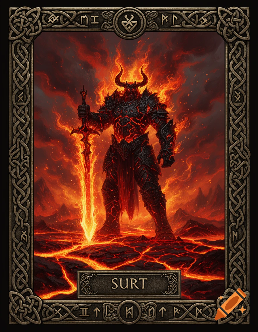 Tarot card style illustration of Surt, the fiery god of Muspelheim, standing amidst flames and lava holding a glowing sword.