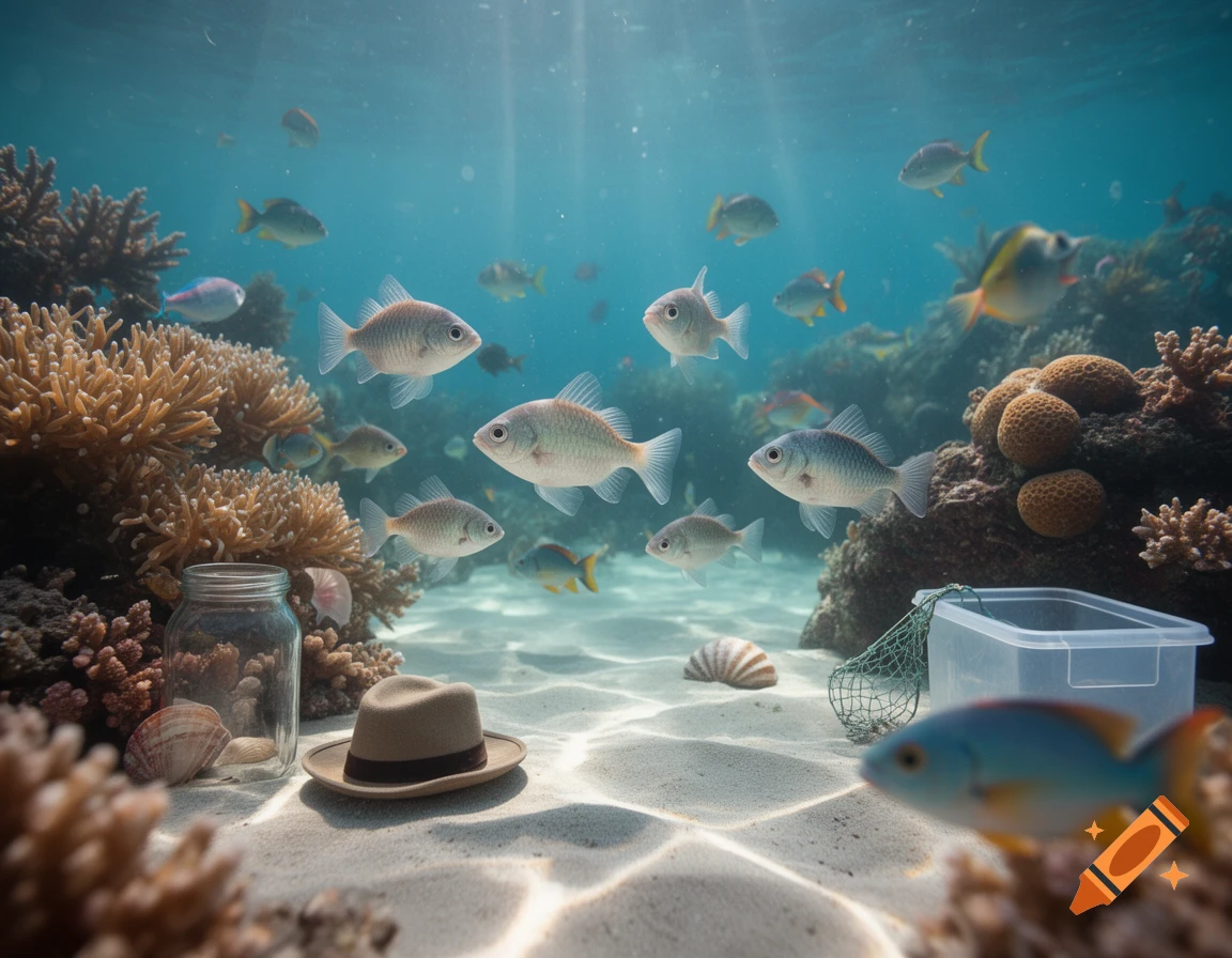 Photorealistic underwater scene with various fish, coral reefs, a glass jar, and a sunlit sandy sea floor.