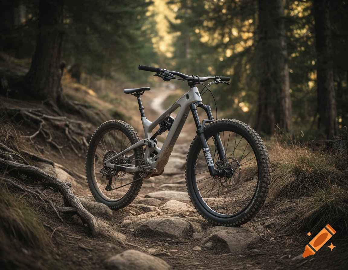 A full-suspension downhill mountain bike parked on a rocky forest trail, photorealistic.