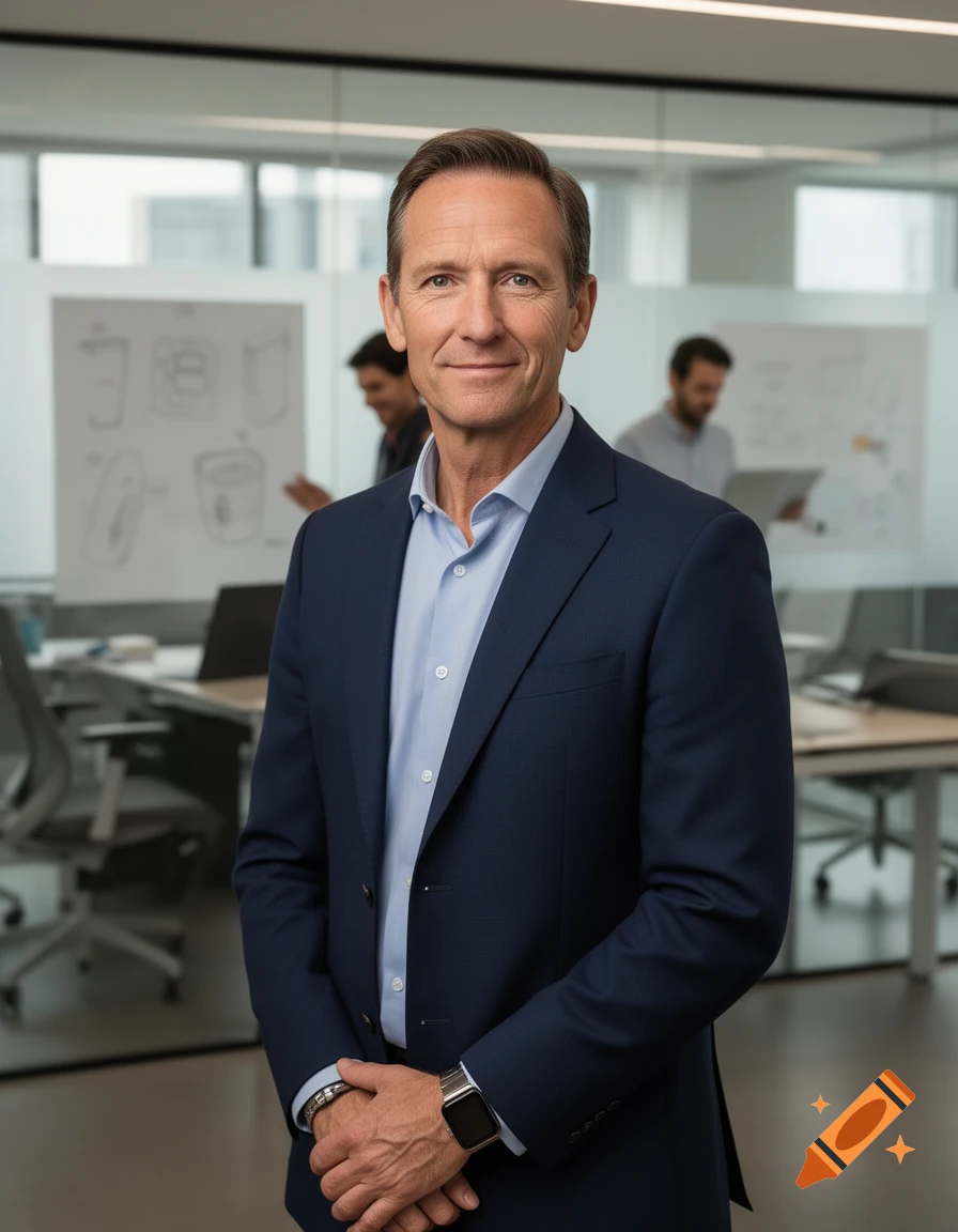 Photorealistic medium shot of a middle-aged male product manager in a blue suit and shirt standing in a modern office.