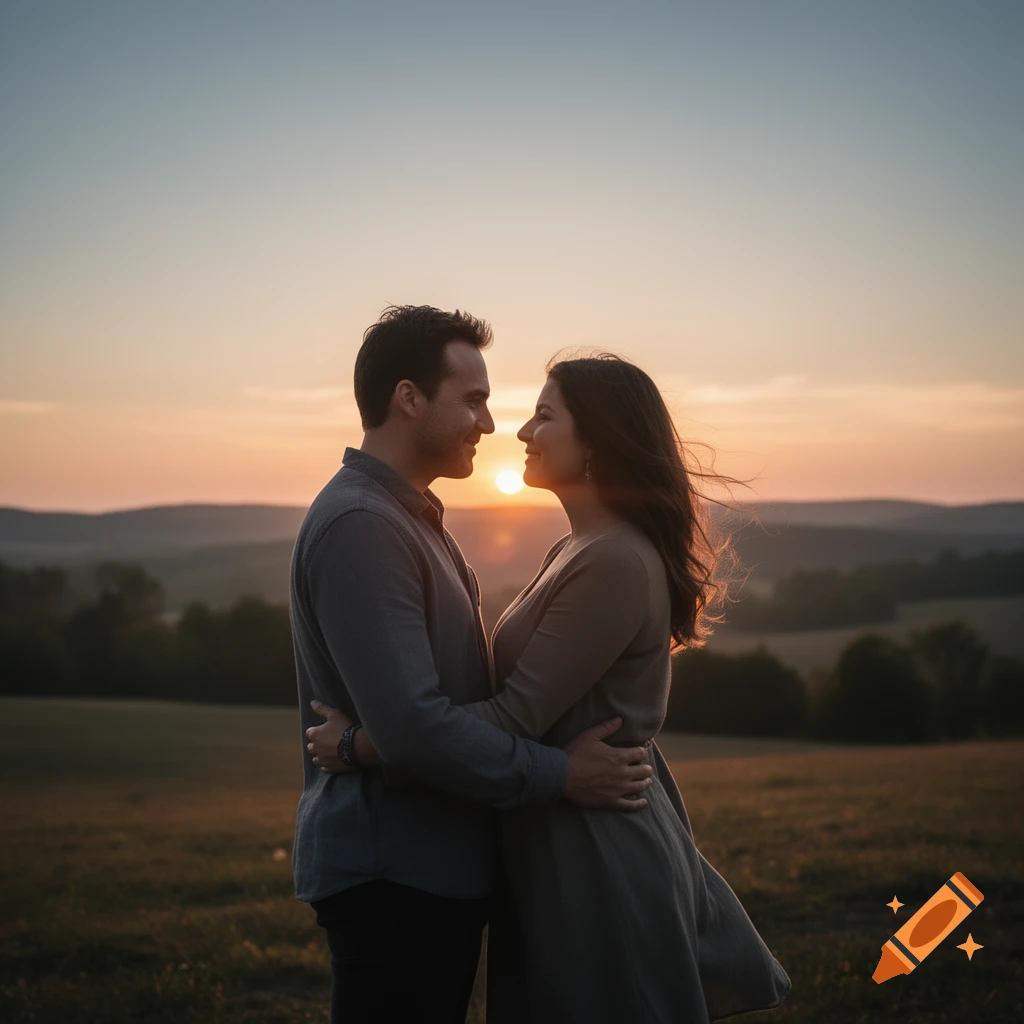 A man and woman embracing lovingly in a field during a picturesque sunset.