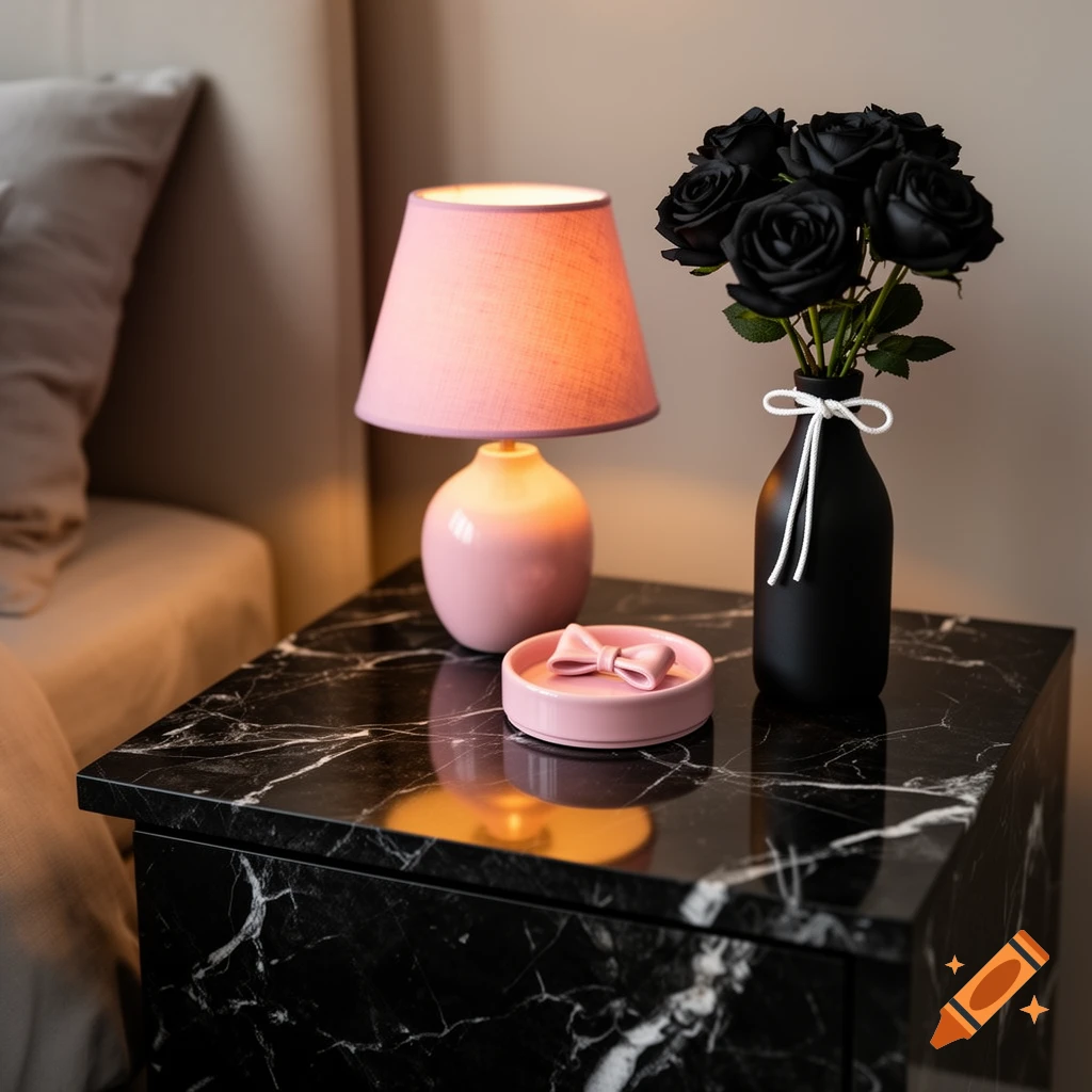 Photorealistic close-up of a modern black marble nightstand featuring a pink lamp, pink tray, and a black vase with black roses.