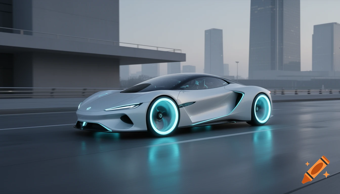 A futuristic white sports car with glowing cyan wheels driving on a modern road past city skyscrapers at dusk, photorealistic.