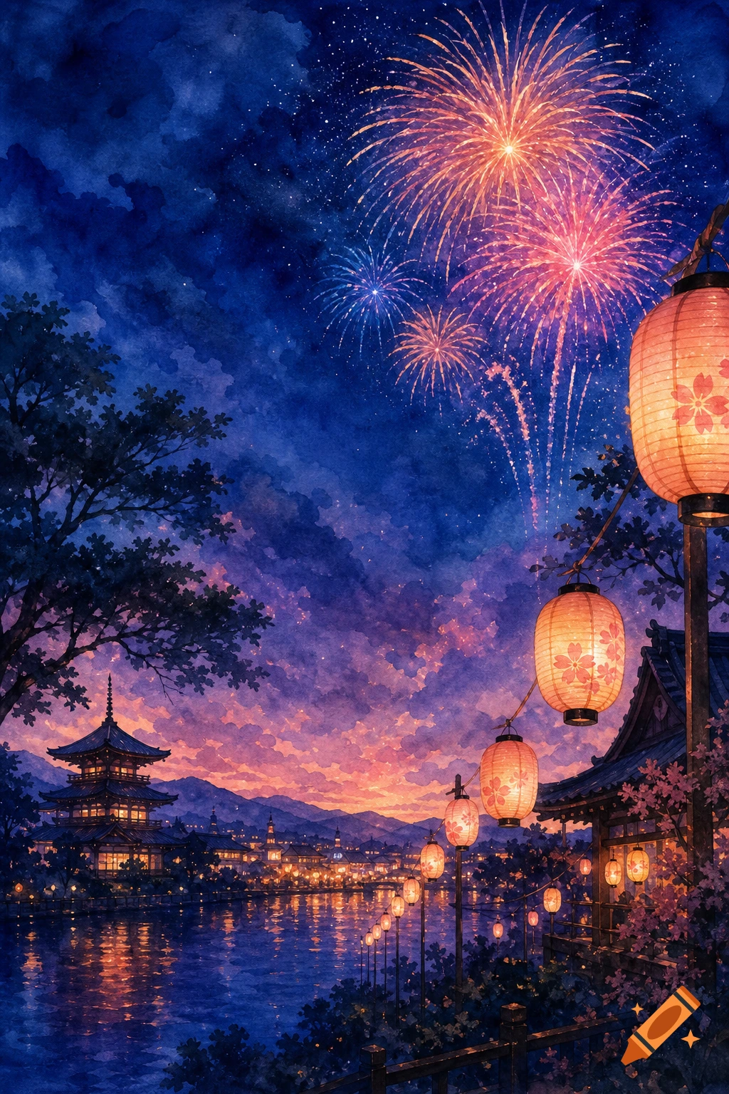 Watercolor illustration of a Japanese summer night with fireworks, glowing paper lanterns, a traditional pagoda, and a river.