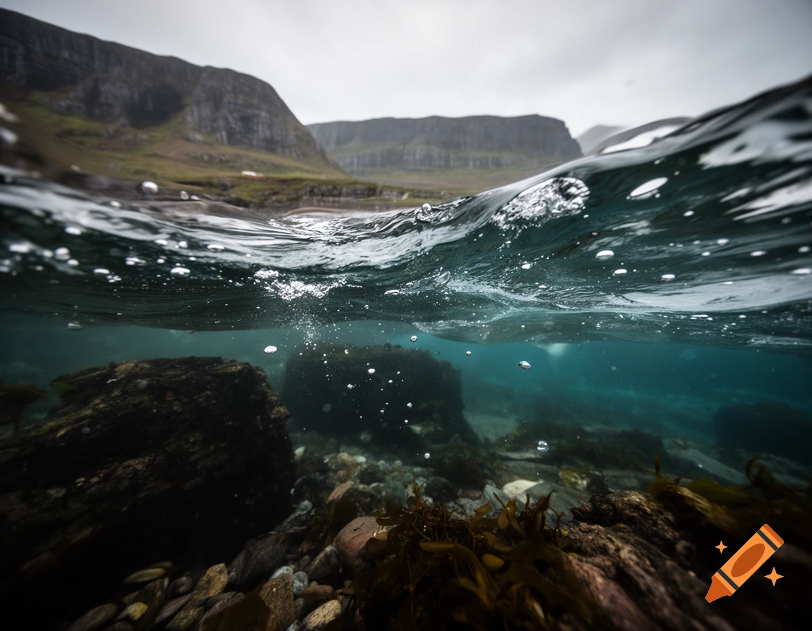 Photorealistic split-level shot showing Scottish landscape above water and a rocky seabed below.