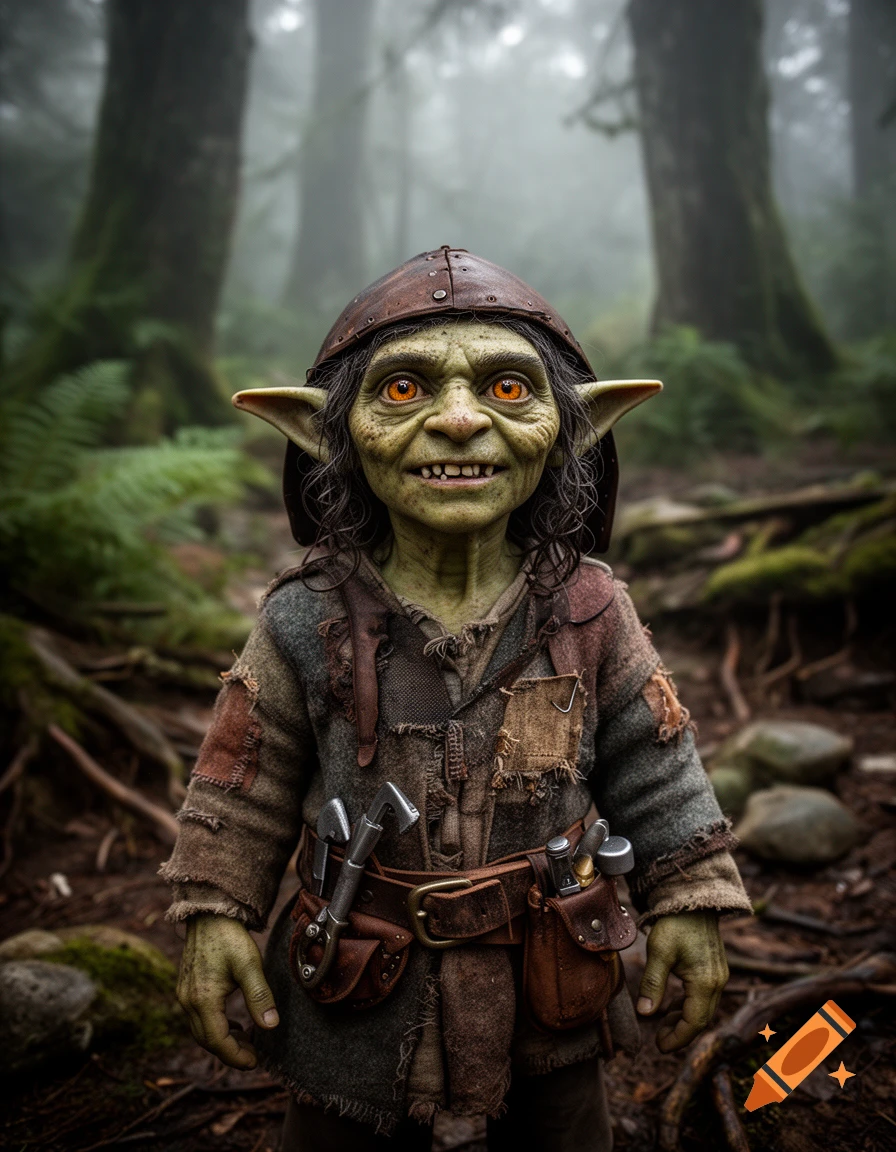 Close-up photorealistic portrait of a detailed goblin with pointed ears, wearing a leather cap and tattered tunic in a misty forest.