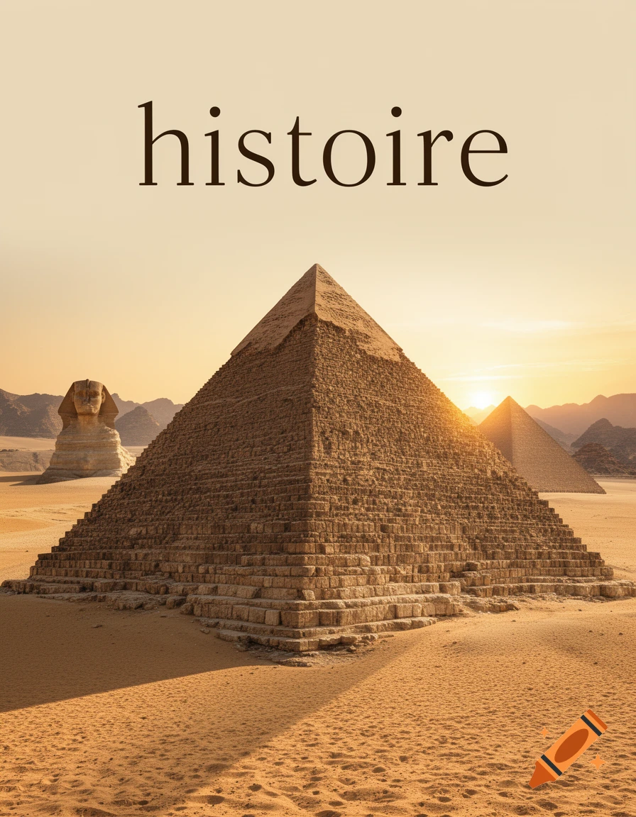 Photorealistic image of Egyptian pyramids and the Sphinx in a desert at sunset with the word 'histoire' at the top.