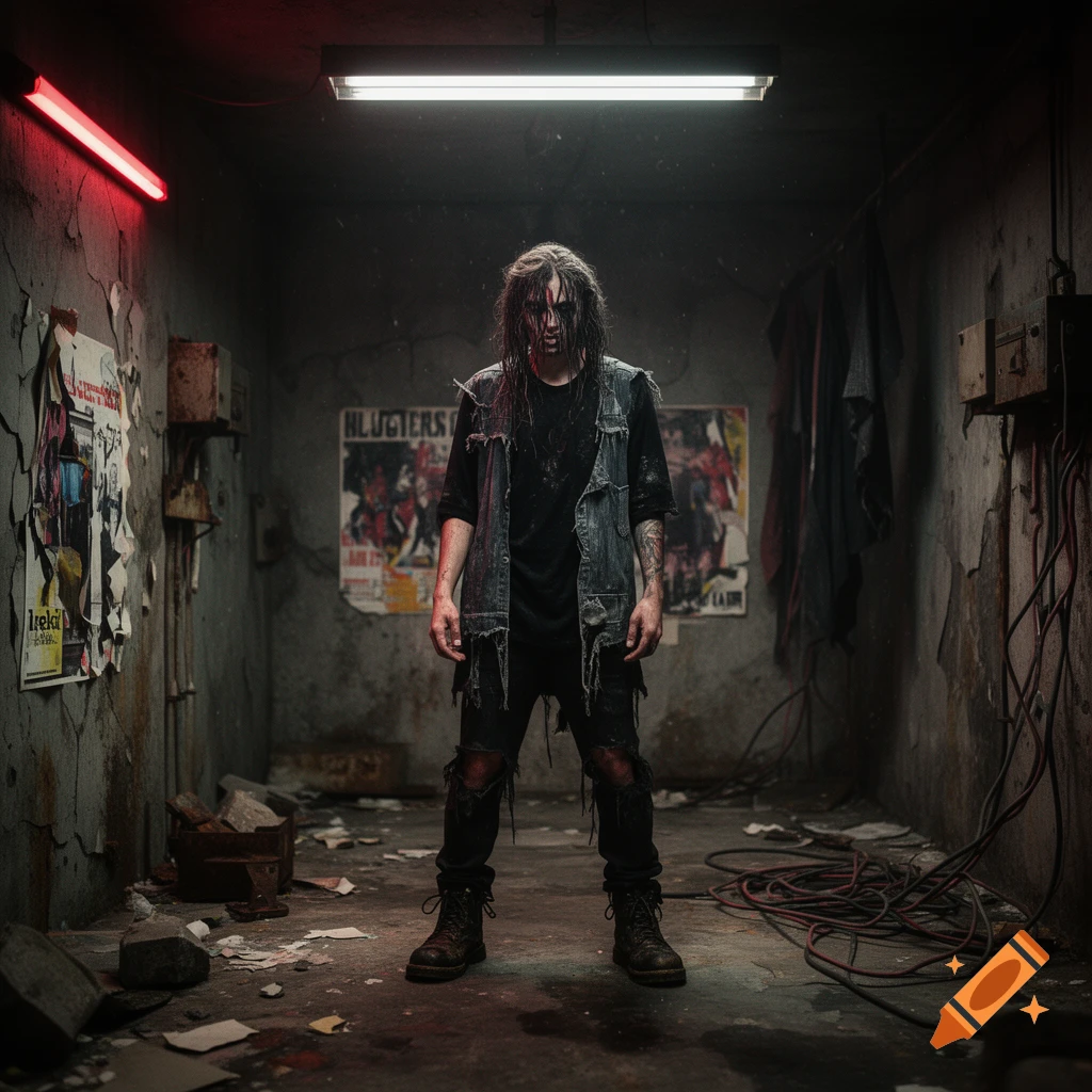 A gritty, grunge-style portrait of a dark figure standing in a dilapidated concrete room with exposed pipes and neon lighting.