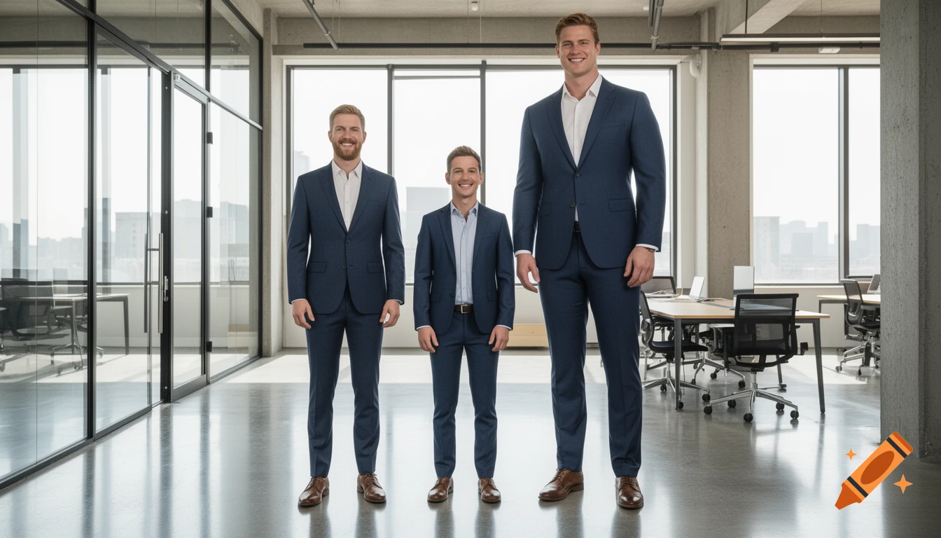 Photorealistic wide-angle image of three men in blue suits standing in a modern corporate office, showing varying heights.