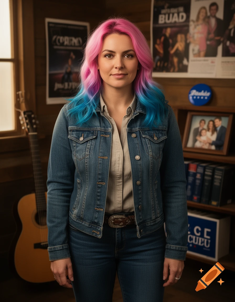 Photorealistic portrait of a young woman with pink and blue hair wearing a denim jacket inside a rustic room with a guitar.