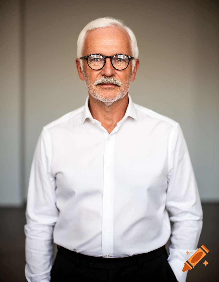 Photorealistic portrait of a middle-aged man with white hair, a mustache, and round glasses, wearing a white button-down shirt.