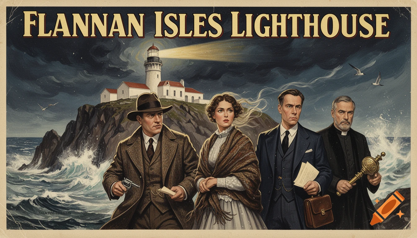 Pulp novel cover illustration of four 1900s characters standing before the Flannan Isles Lighthouse during a stormy sea.