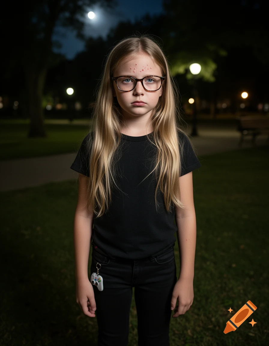 Photorealistic portrait of a young girl standing in a park at night, wearing glasses and a black t-shirt.