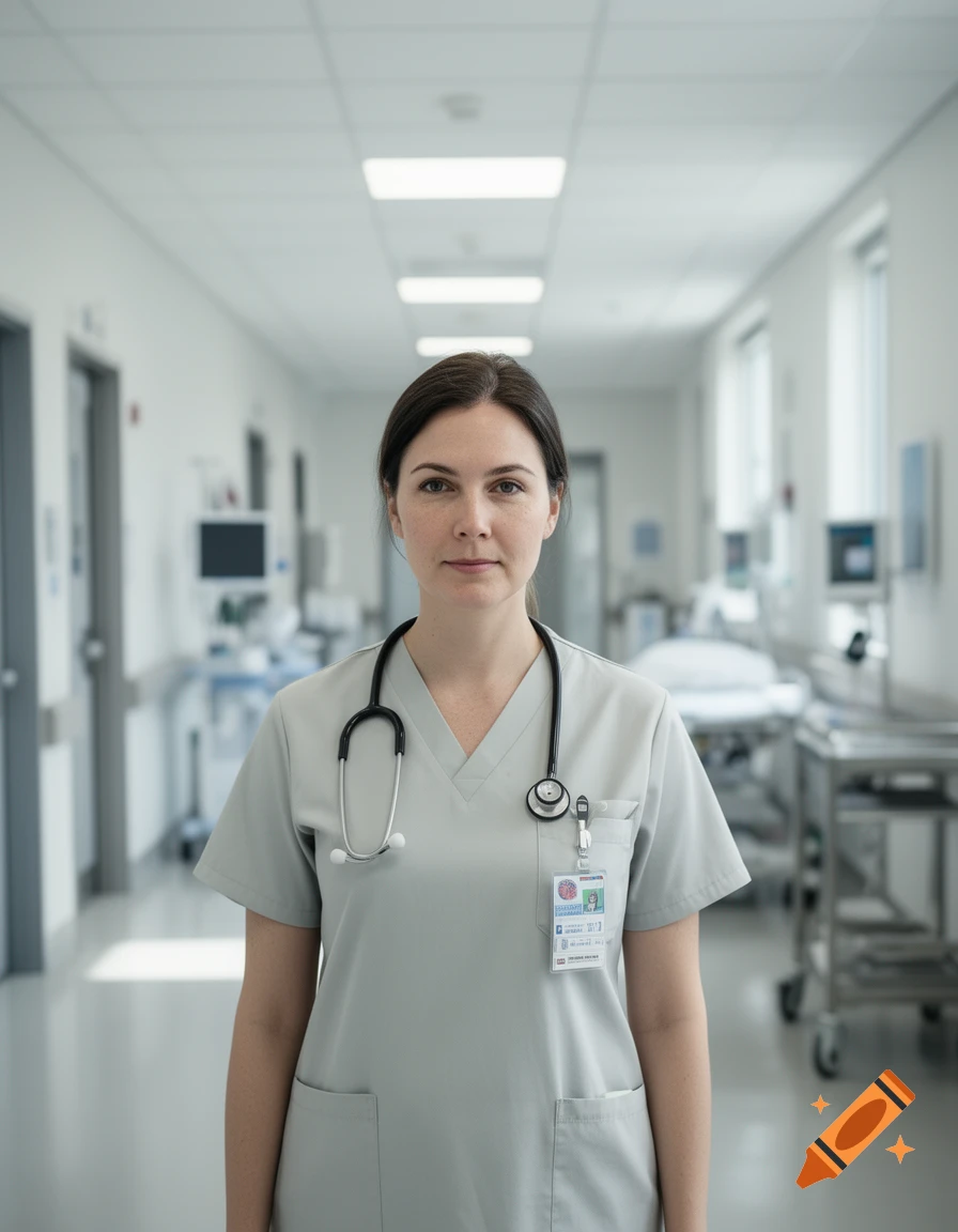 Photorealistic portrait of a female nurse wearing scrubs and a stethoscope in a hospital hallway.