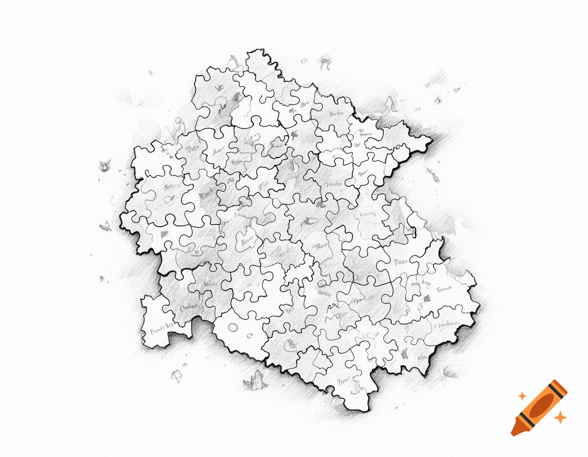Black and pencil sketch map of the Bourgogne Franche-Comte region shaped like a jigsaw puzzle.