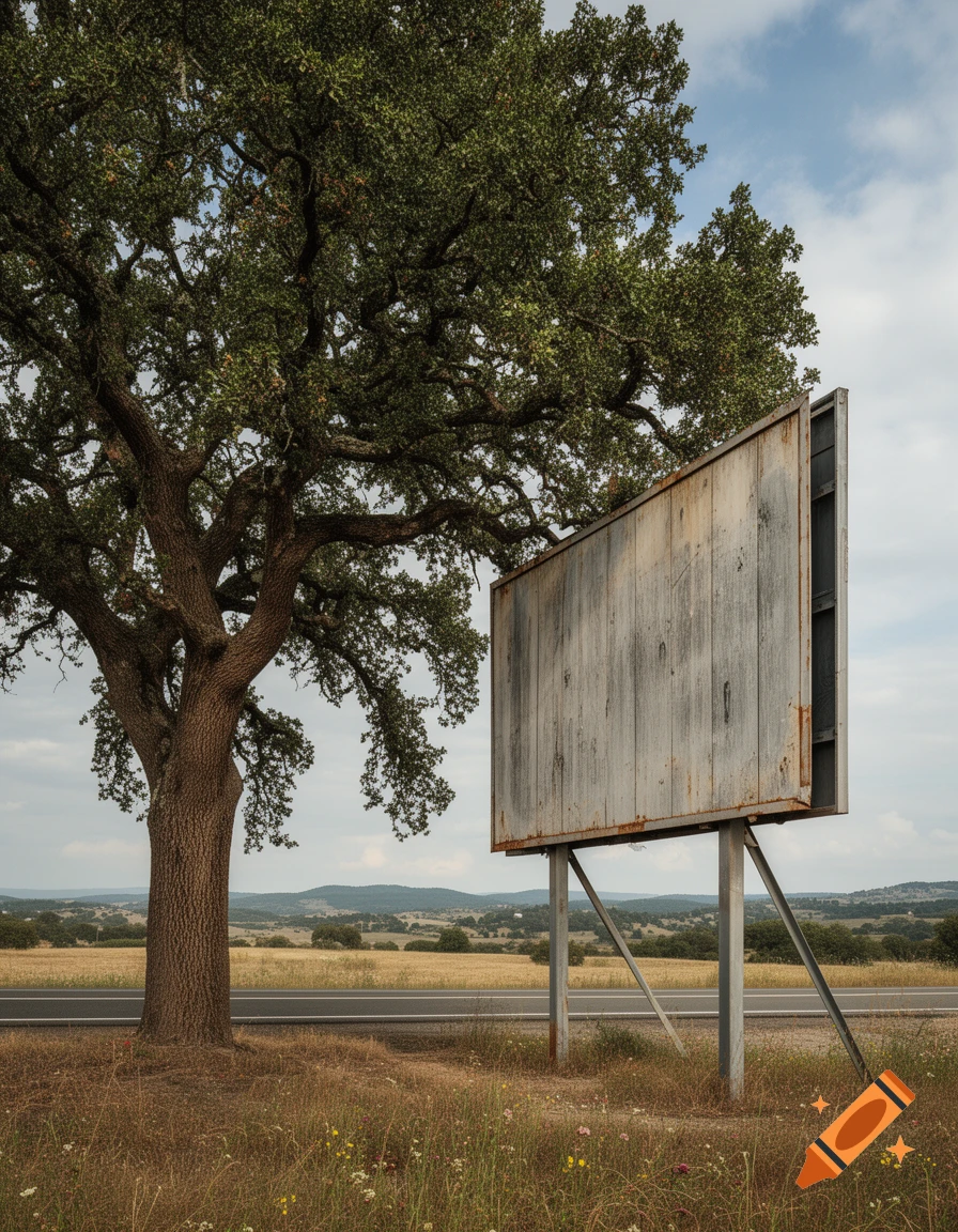 Photorealistic image of a large weathered empty billboard next to a large oak tree beside a rural highway and fields.