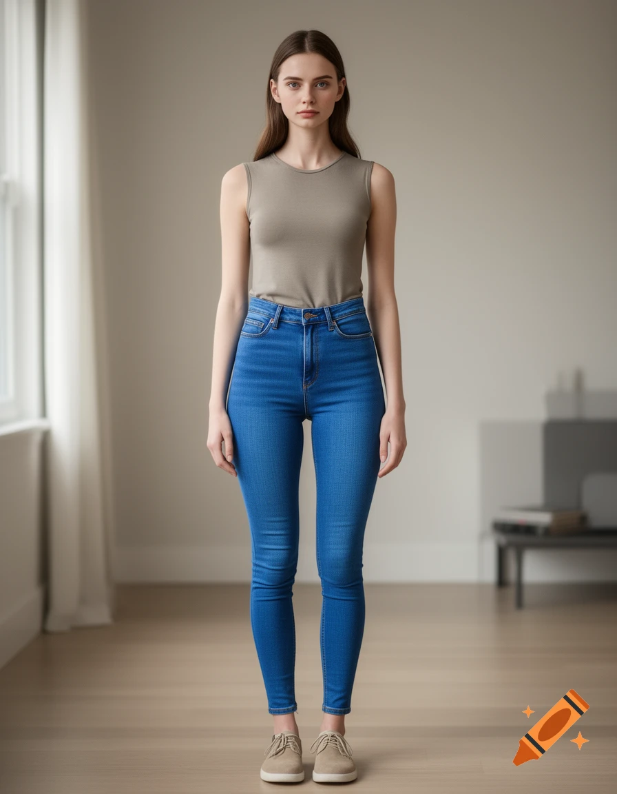 Photorealistic full-body portrait of a slender young woman standing indoors, wearing a gray tank top and high-waisted blue skinny jeans.