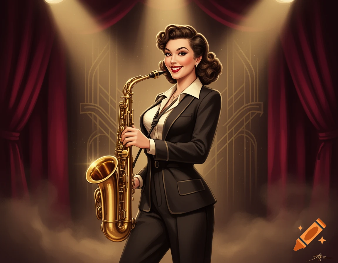 Pinup style portrait of a smiling woman in a black suit holding a saxophone on a stage with red curtains.
