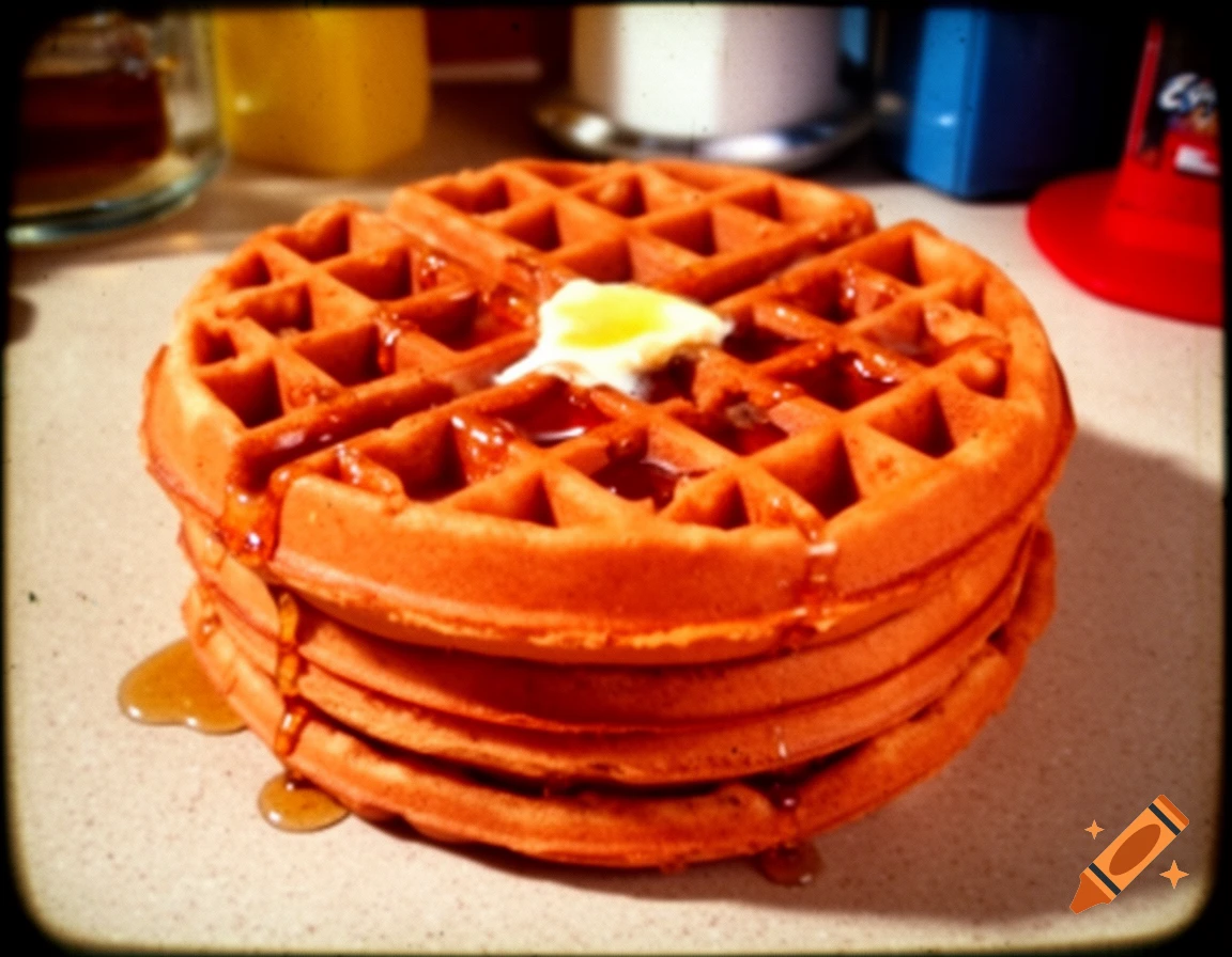 A stack of golden waffles topped with melted butter and syrup on a counter, retro style photograph.
