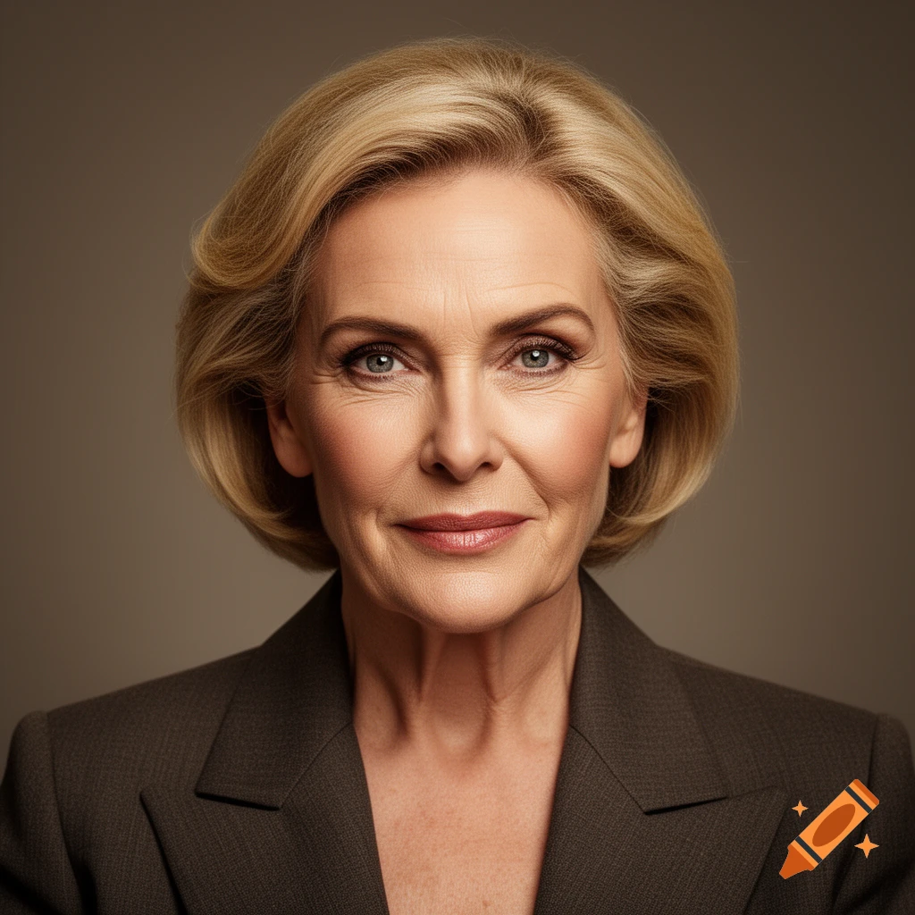 Photorealistic headshot of an older woman with blonde hair, wearing a brown blazer against a plain background.