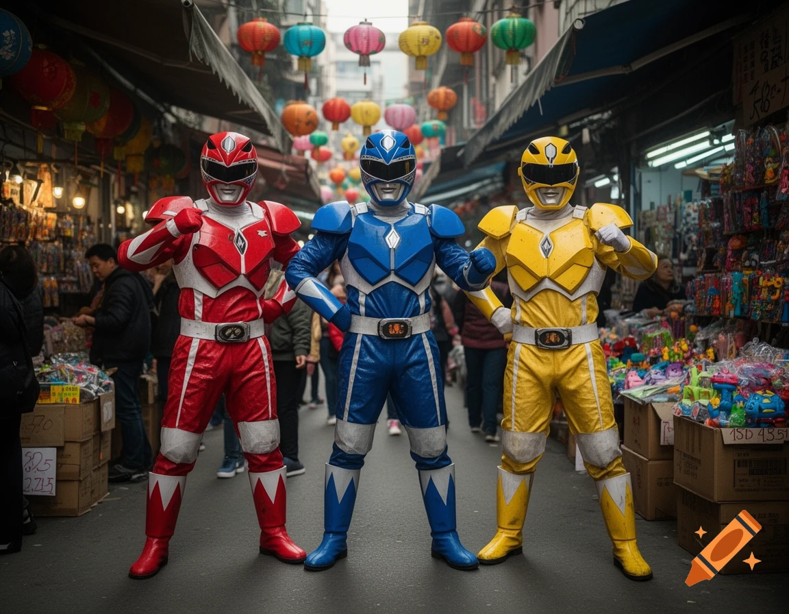 Three people in custom Power Rangers costumes posing in a crowded Chinese bazaar with lanterns.